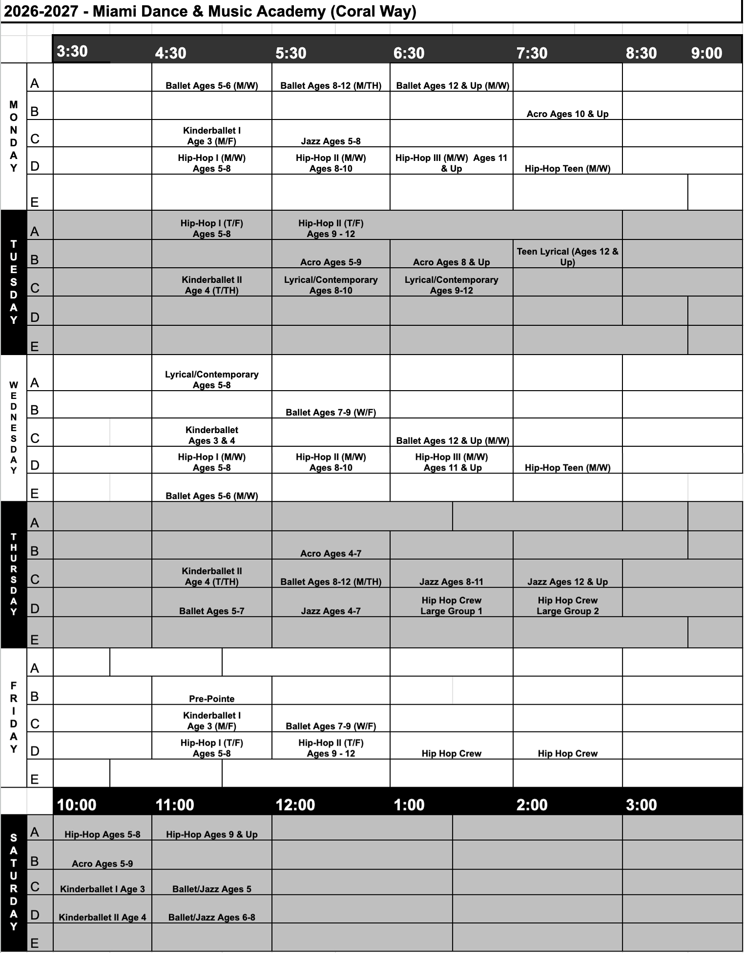 Fall 2026-2027 Dance Schedule